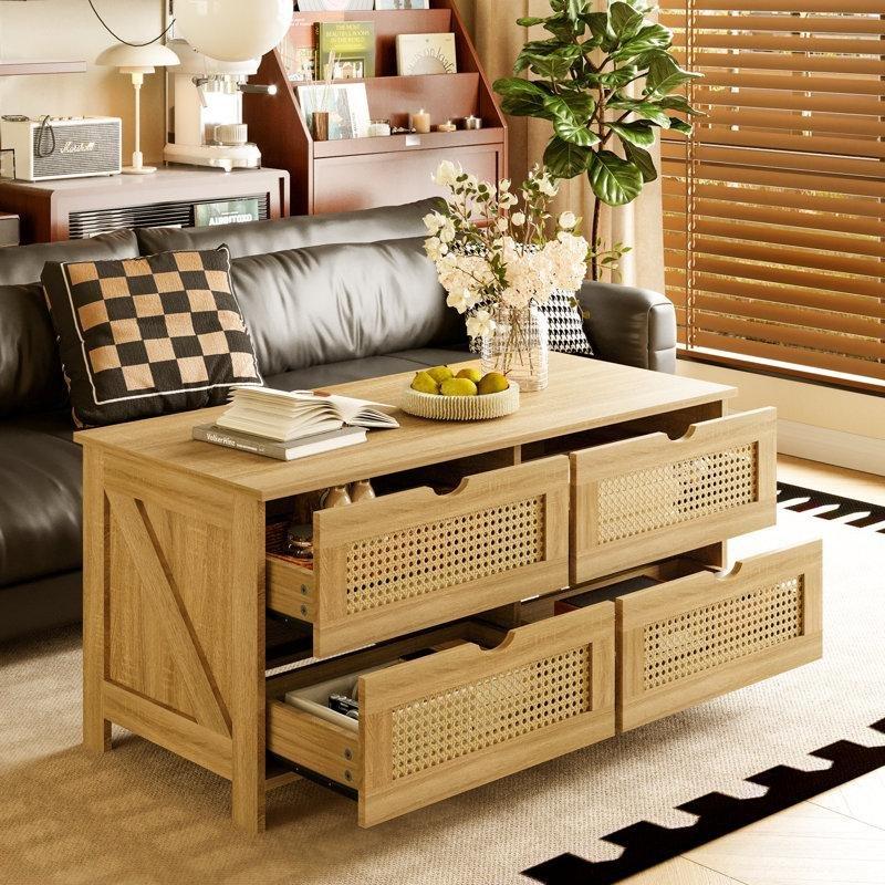 Gri Ahşap Bohem Orta Sehpa 95x47x47 cm 4 Çekmeceli Hasır - 105220