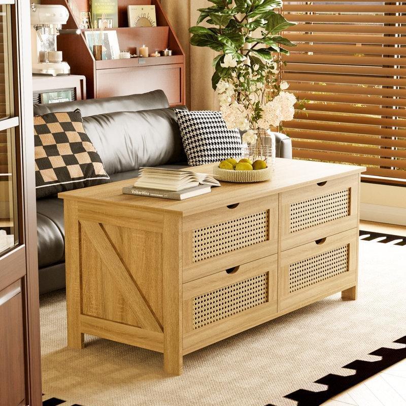 Gri Ahşap Bohem Orta Sehpa 95x47x47 cm 4 Çekmeceli Hasır - 105220