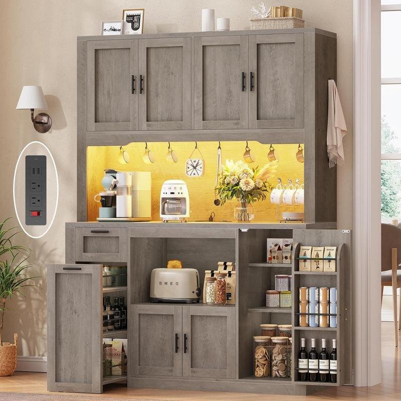 Gri Ahşap Çok Amaçlı Dolap LED Işıklı Tekerlekli Raf Sistemli 120x178x38 cm - 93013