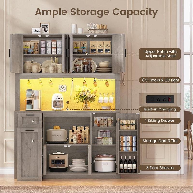 Gri Ahşap Çok Amaçlı Dolap LED Işıklı Tekerlekli Raf Sistemli 120x178x38 cm - 93013