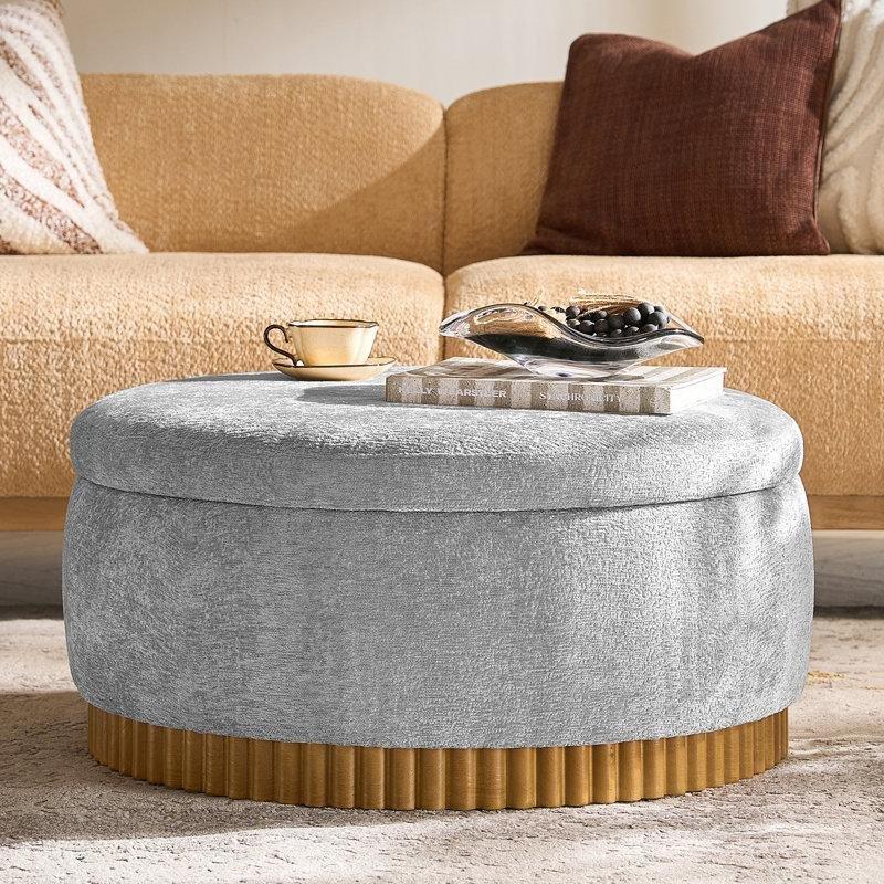 Gri Chenille Kumaş Puflu Orta Sehpa 89 cm Yuvarlak Saklama Bölmeli Döner Tepsili - 104878