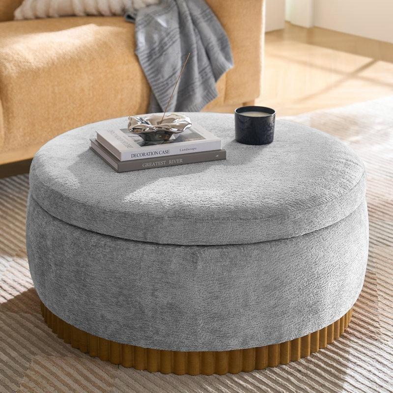 Gri Chenille Kumaş Puflu Orta Sehpa 89 cm Yuvarlak Saklama Bölmeli Döner Tepsili - 104878