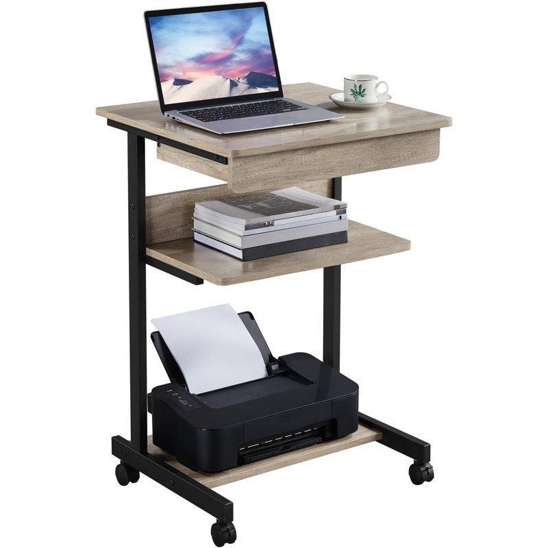 Gri Endüstriyel Ahşap Tekerlekli Çekmeceli Laptop Sehpası-56x51x80 cm - 113289