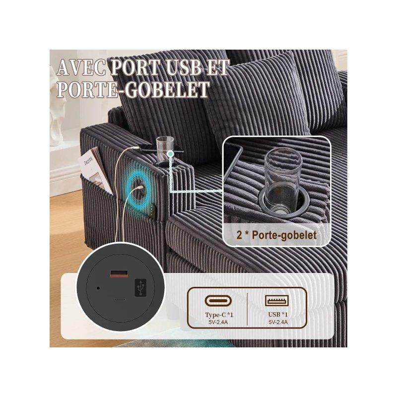 Gri Kadife Dinlenme Koltuğu LED Aydınlatmalı USB ve Type-C Girişli 350 kg-128x85x142 cm - 109895