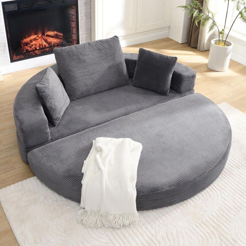 Gri Kadife Kordonlu Oval Katlanabilir Dinlenme Koltuğu / Kanepe Yatak 173x176x40 cm - 109295