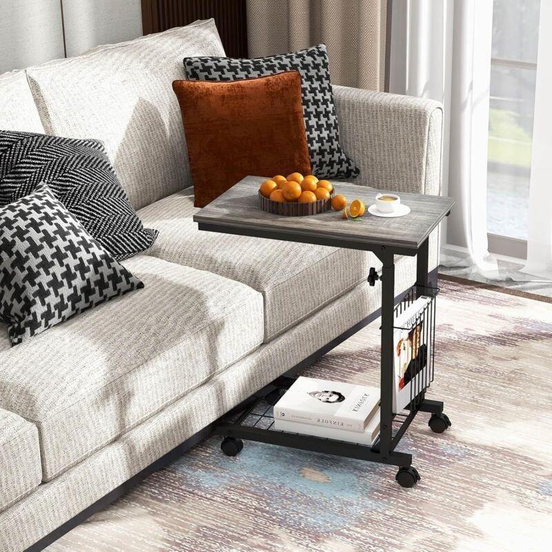 Gri Kahverengi MDF Metal Yükseklik Ayarlı Tekerlekli Yan Sehpa-50x30x58-80 cm - 111661