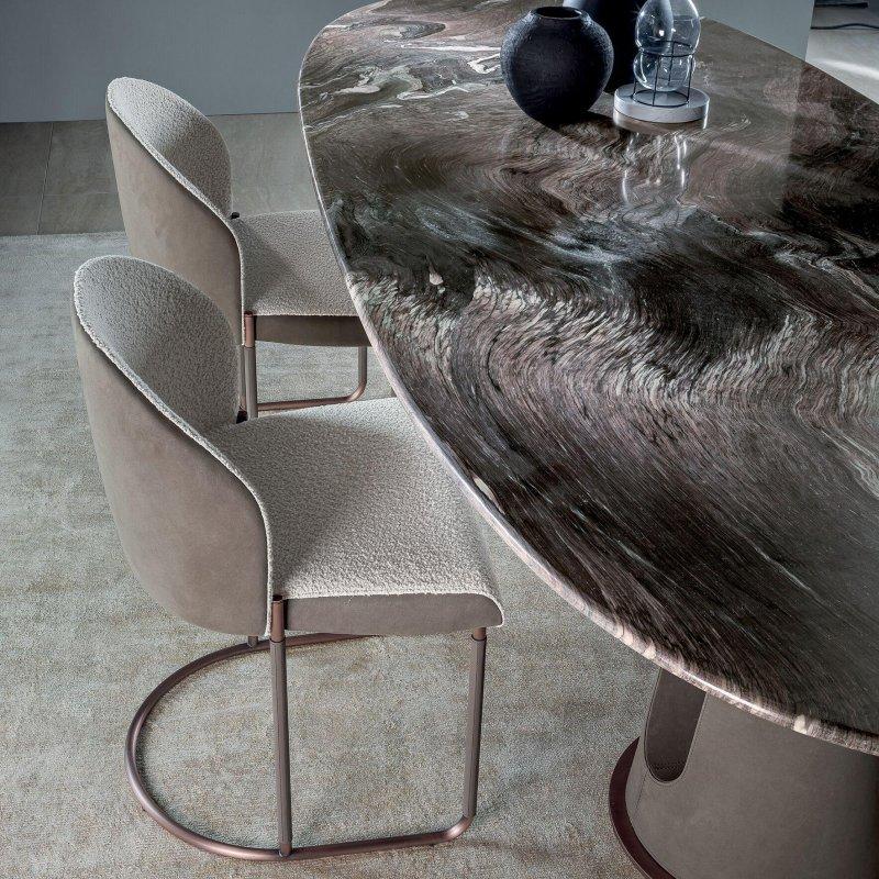 Gri Mermer Masa 280x140 cm Kahverengi Deri Ayaklı Oval - 92143