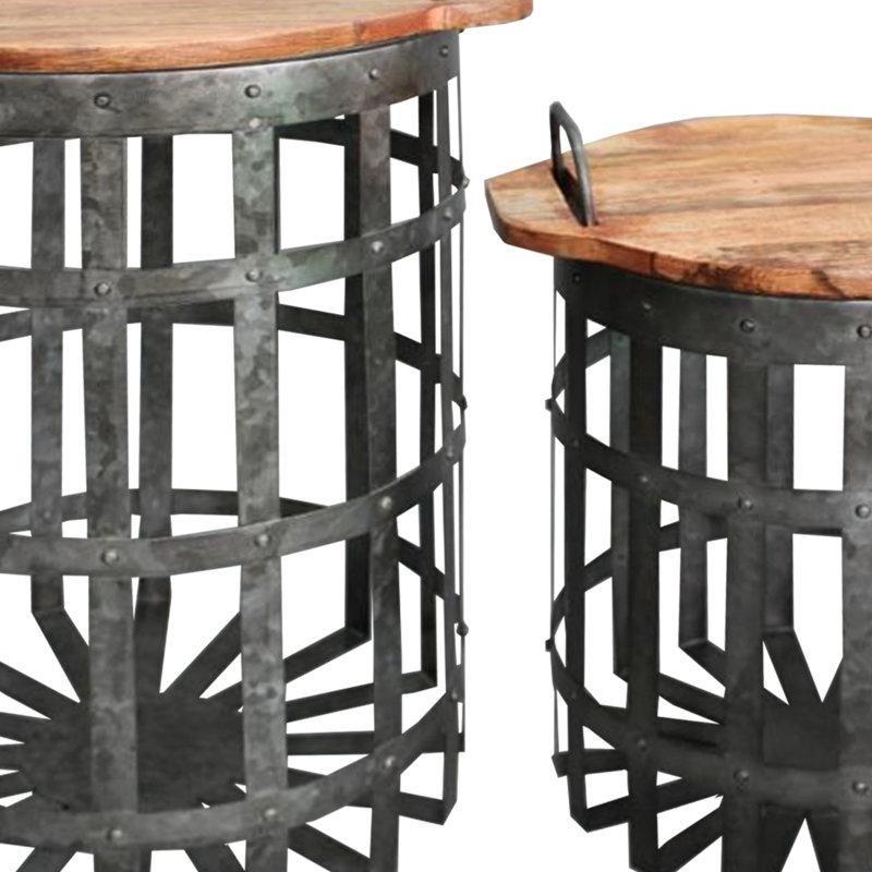 Gri Metal Tepsi Zigon Sehpa Kahverengi Masif Ahşap Kapaklı İkili Set 52x36x36 cm - 108643