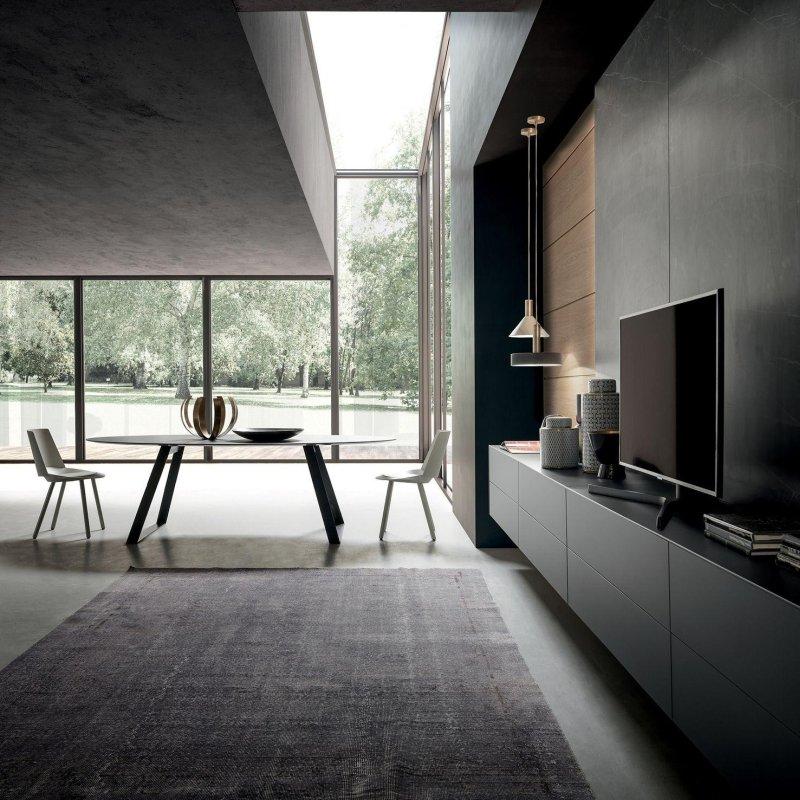 Gri Oval Porselen Yemek Masası Çapraz Ayaklı - 90073