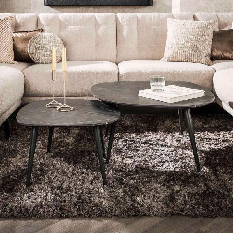 Gri Seramik Görünümlü Zigon Sehpa 85x79x40 cm ve 64x60x35 cm 2%27li Set - 107714