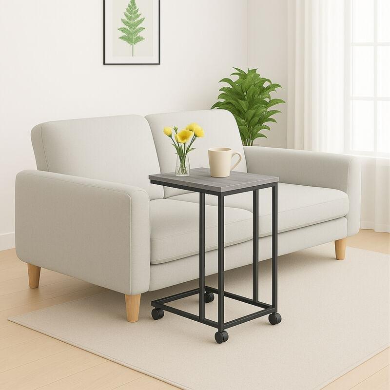 Gri Siyah MDF Metal C Şekilli Tekerlekli Yan Sehpa-68x50x35 cm - 111637