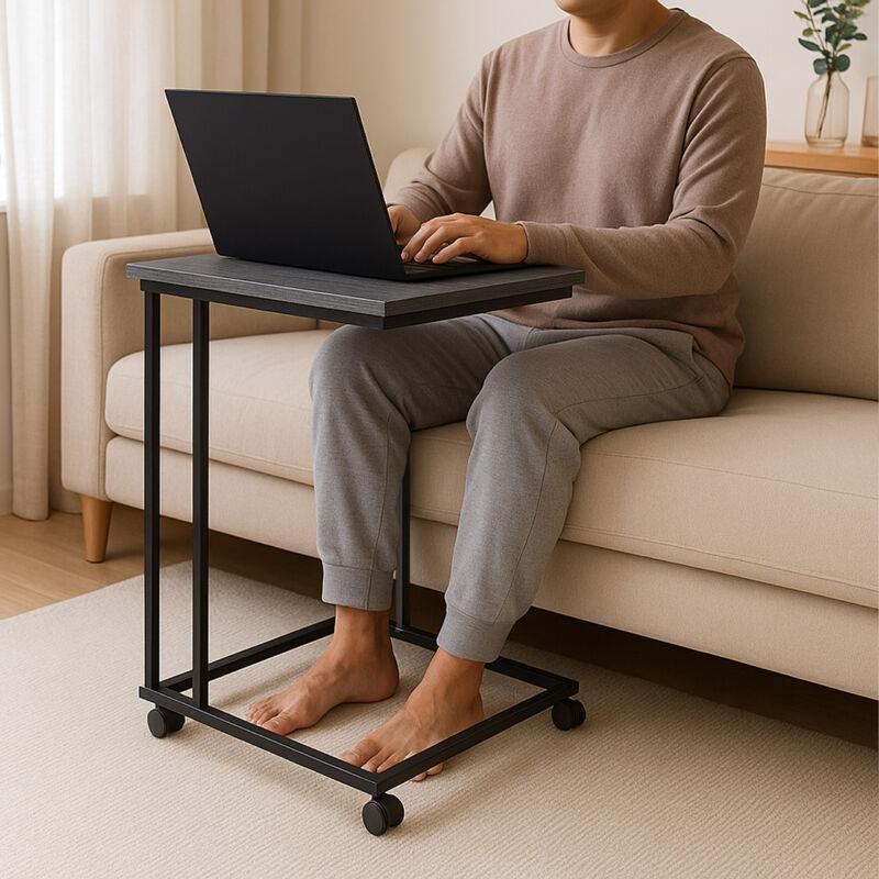 Gri Siyah MDF Metal C Şekilli Tekerlekli Yan Sehpa-68x50x35 cm - 111637