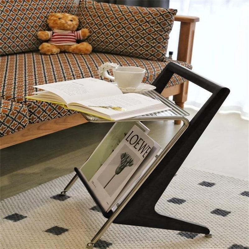 Gümüş Masif Ahşap Metal Gazetelikli Temperli Cam Üst Tablalı gazetelik yan sehpa-56x40x30 cm - 112986