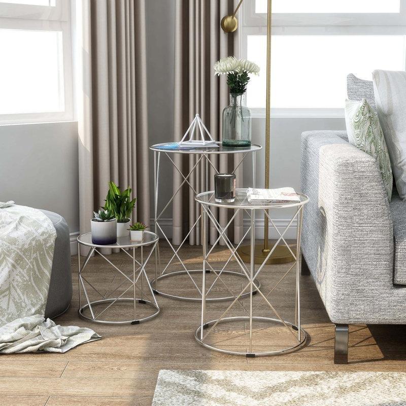 Gümüş Metal Ayaklı Şeffaf Cam Üçlü Zigon Sehpa 56 cm - 108898