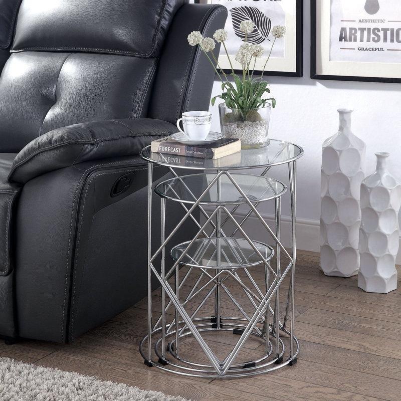 Gümüş Metal Ayaklı Şeffaf Cam Üçlü Zigon Sehpa 56 cm - 108898