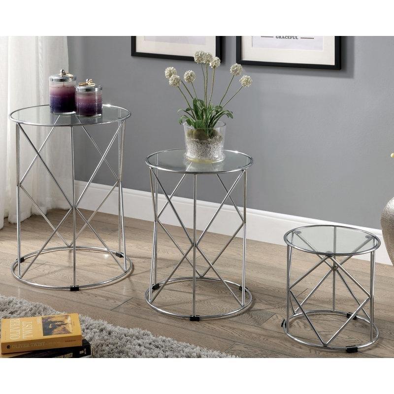 Gümüş Metal Ayaklı Şeffaf Cam Üçlü Zigon Sehpa 56 cm - 108898