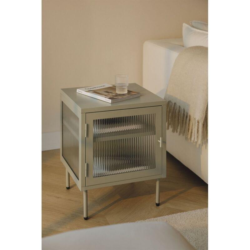 Haki Yeşil Çelik Ayarlanabilir Raflı Cam Yan Sehpa-55x45x40 cm - 111429