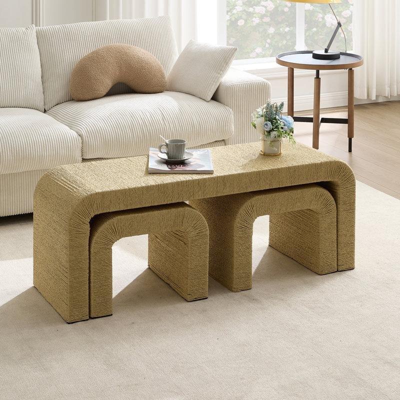 Halat Dokulu Puflu Orta Sehpa Seti 47x41x41 cm - 104803