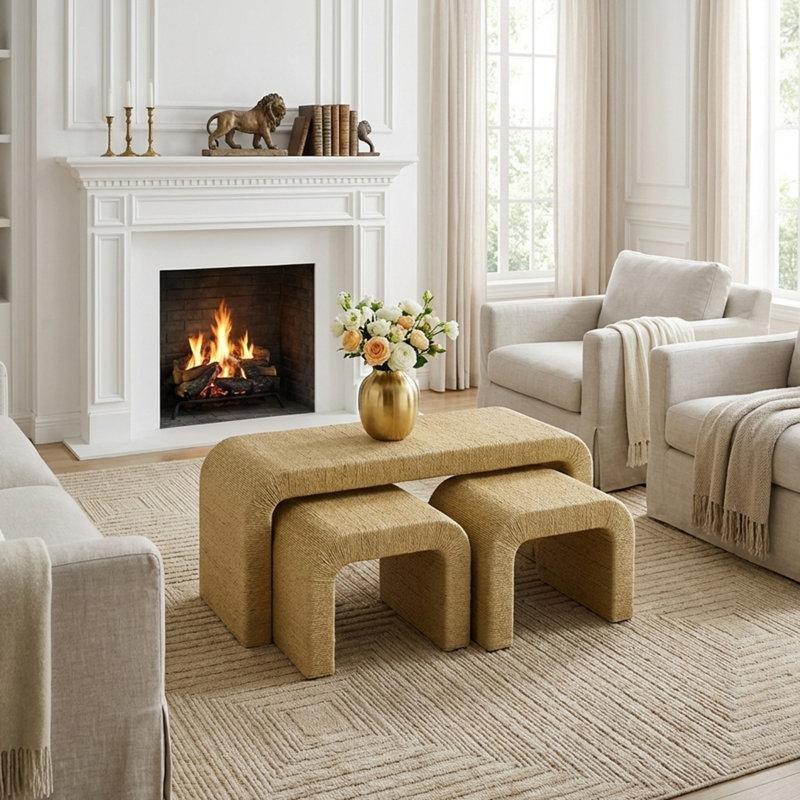 Halat Dokulu Puflu Orta Sehpa Seti 47x41x41 cm - 104803