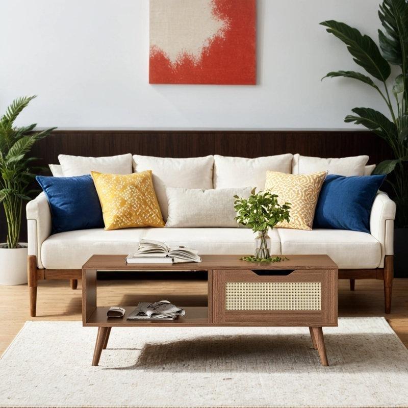 Hasır Çekmeceli Bohem Orta Sehpa 100x50x42 cm Ceviz - 105226