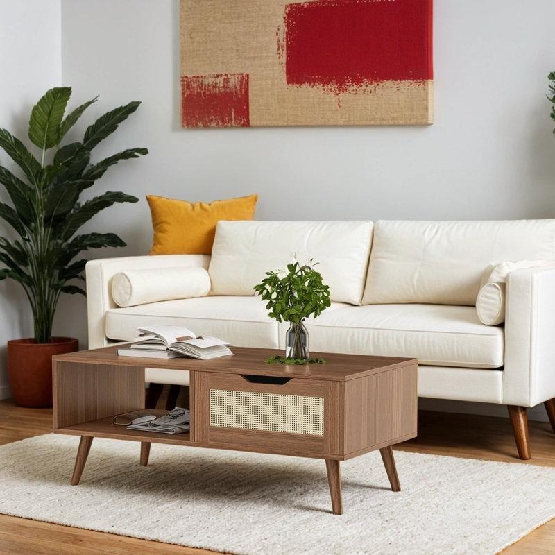 Hasır Çekmeceli Bohem Orta Sehpa 100x50x42 cm Ceviz - 105226