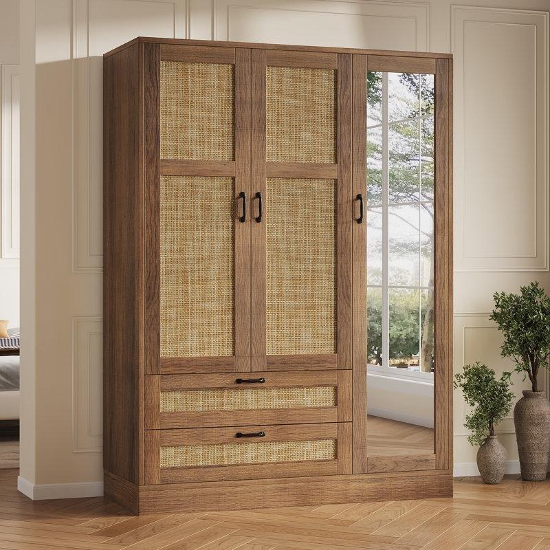 Hasır Detaylı 3 Kapılı Gardrop, Aynalı ve Çekmeceli, 165 cm Yüksekliğinde - 91120