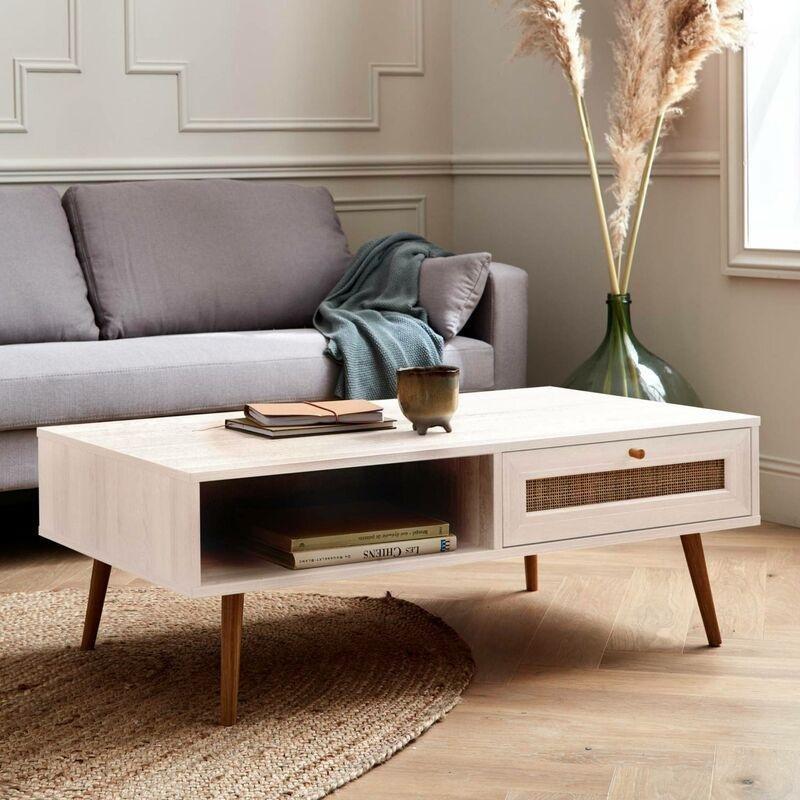 Hasır Detaylı Beyaz Orta Sehpa 110x59x39 cm - 103219