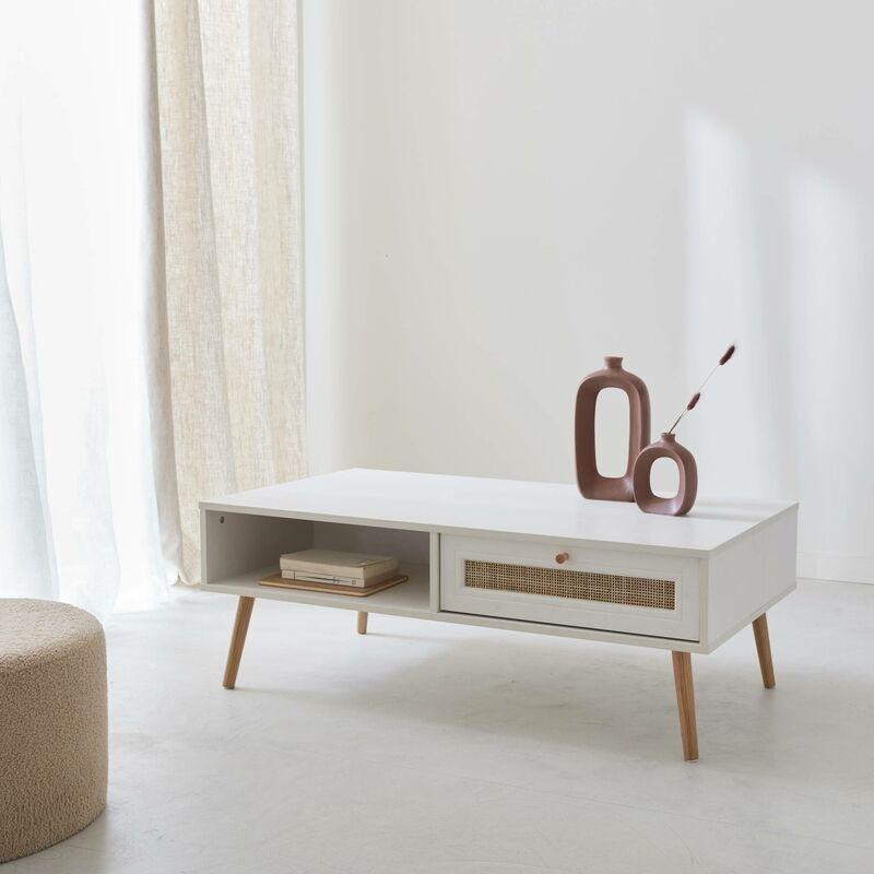 Hasır Detaylı Beyaz Orta Sehpa 110x59x39 cm - 103219