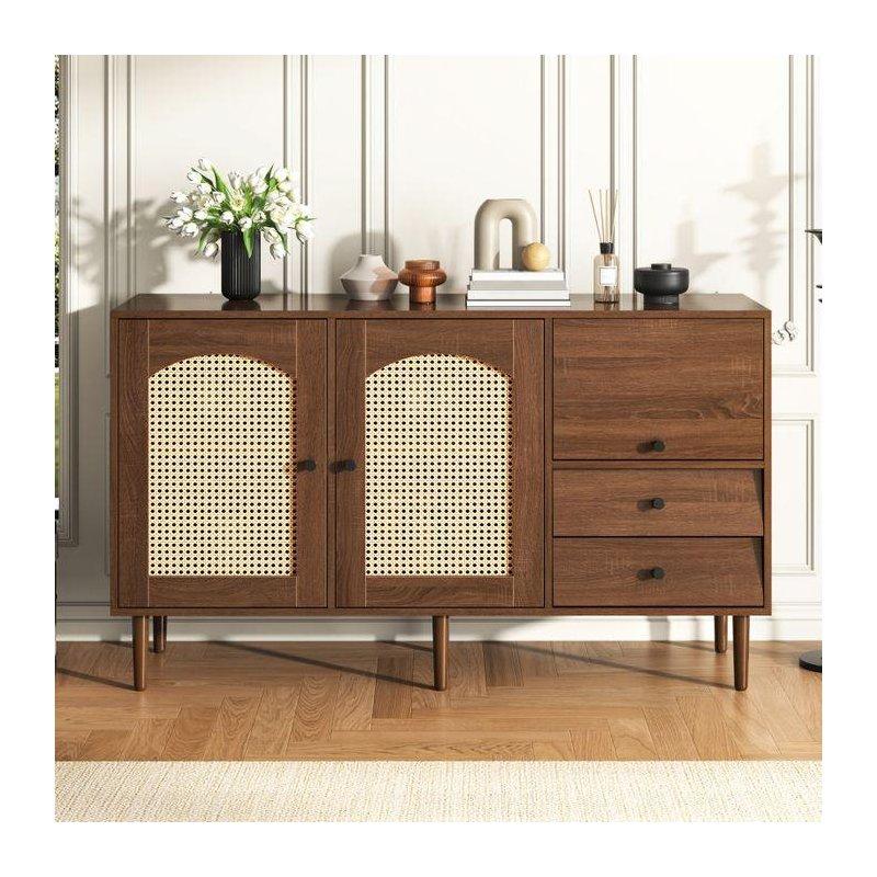 Hasır Panelli Endüstriyel Ahşap Kahve Köşesi 130x75 cm, 3 Kapılı 2 Çekmeceli - 100061