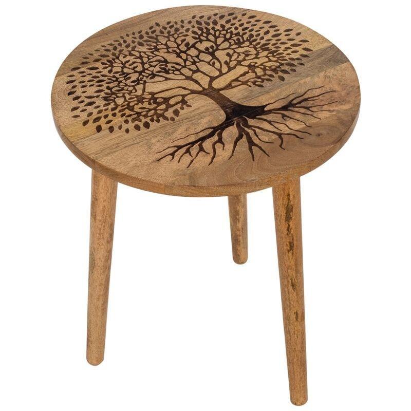 Hayat Ağacı Desenli Kahverengi Ahşap Zigon Sehpa 48x40x40 cm - 106908