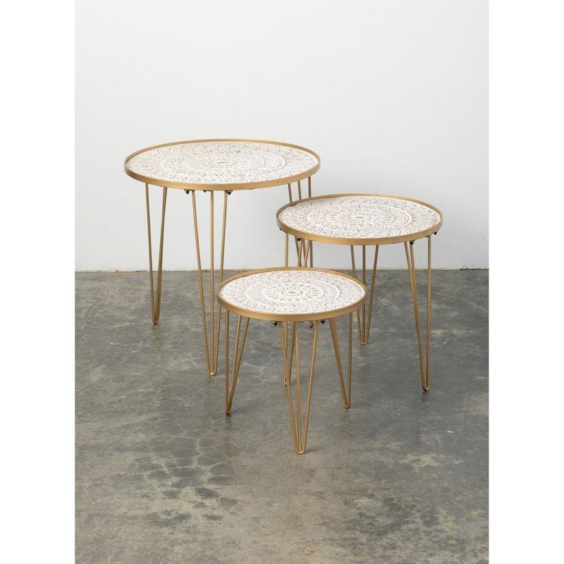 Hendrick Beyaz Gold 3lü Ferforje Zigon Sehpa 60x60x60 cm - 108184