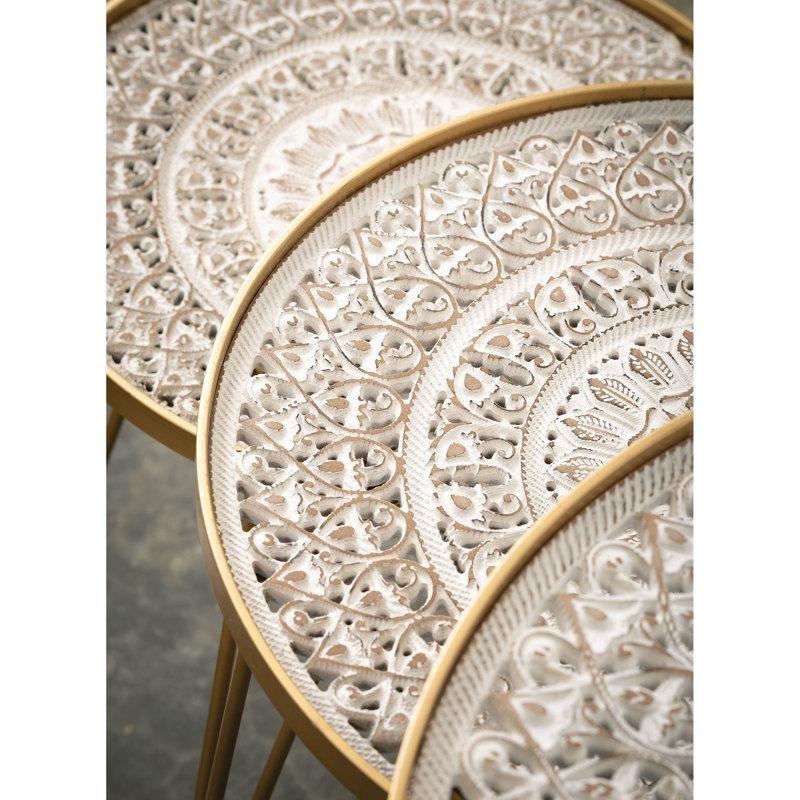 Hendrick Beyaz Gold 3lü Ferforje Zigon Sehpa 60x60x60 cm - 108184