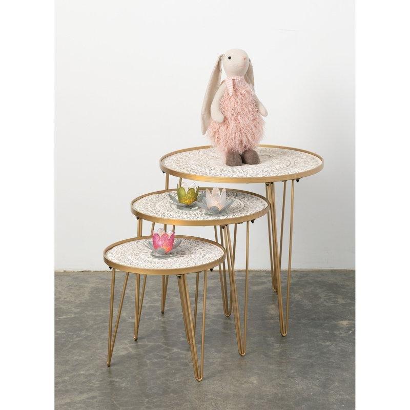 Hendrick Beyaz Gold 3lü Ferforje Zigon Sehpa 60x60x60 cm - 108184