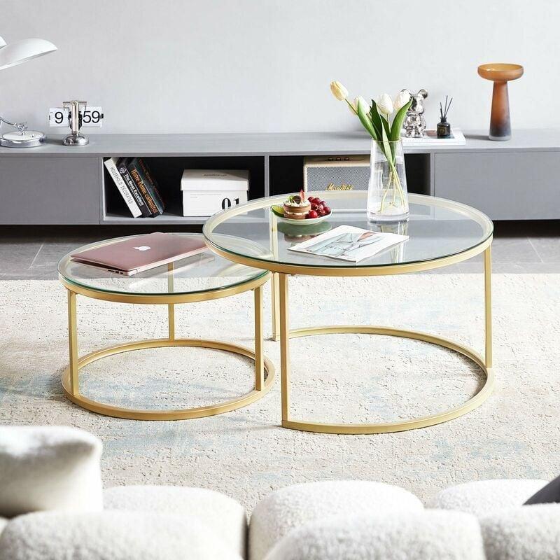 İç İçe Geçen Yuvarlak Cam Orta Sehpa Seti Gold Metal Ayaklı 80x45 cm ve 60x35 cm - 102849
