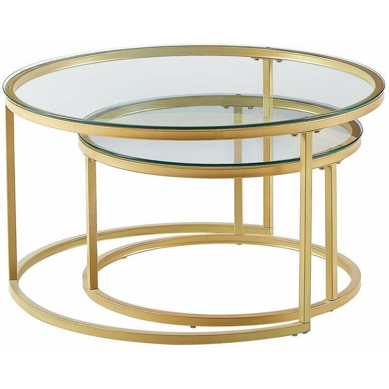 İç İçe Geçen Yuvarlak Cam Orta Sehpa Seti Gold Metal Ayaklı 80x45 cm ve 60x35 cm - 102849