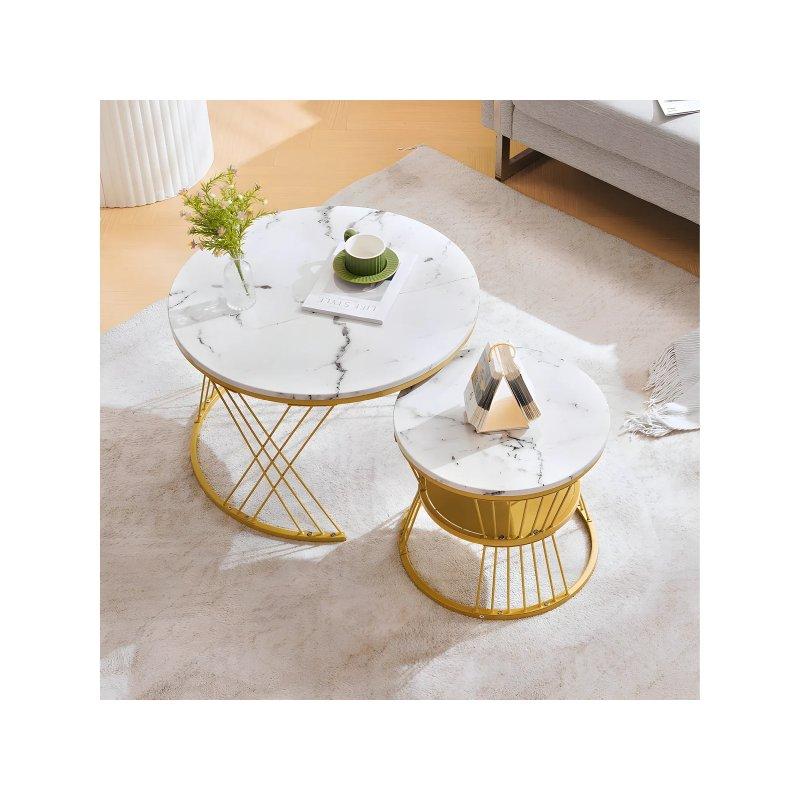 İç İçe Geçmeli 2 Parça Mermer Desen Orta Sehpa, Gold Metal Ayaklı, Beyaz 115x70x45 cm - 102582