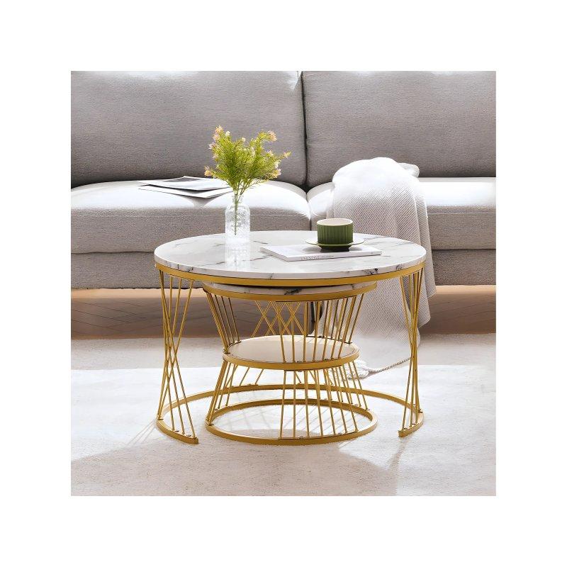 İç İçe Geçmeli 2 Parça Mermer Desen Orta Sehpa, Gold Metal Ayaklı, Beyaz 115x70x45 cm - 102582