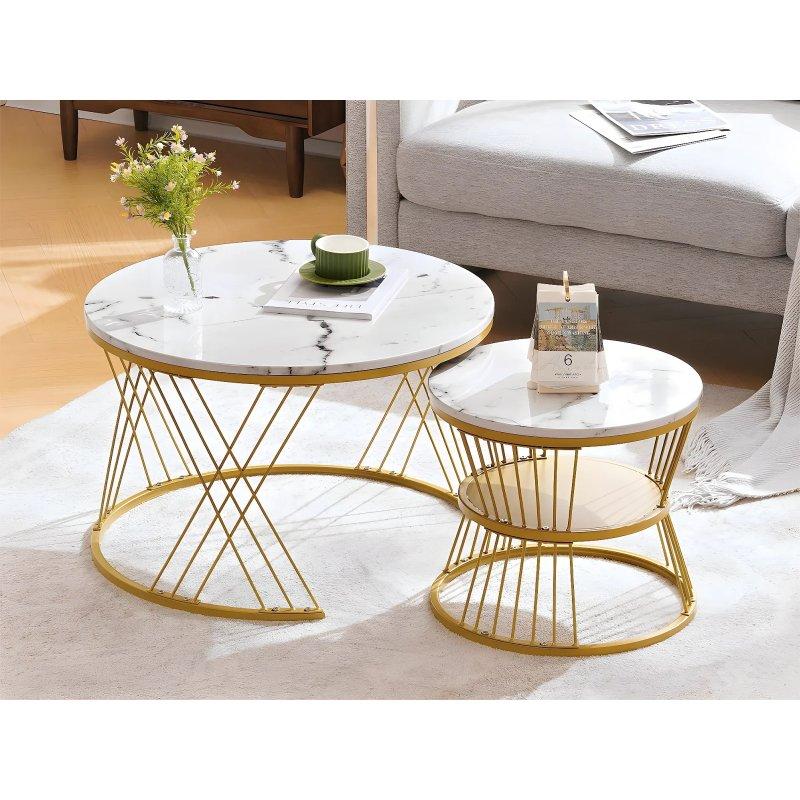 İç İçe Geçmeli 2 Parça Mermer Desen Orta Sehpa, Gold Metal Ayaklı, Beyaz 115x70x45 cm - 102582