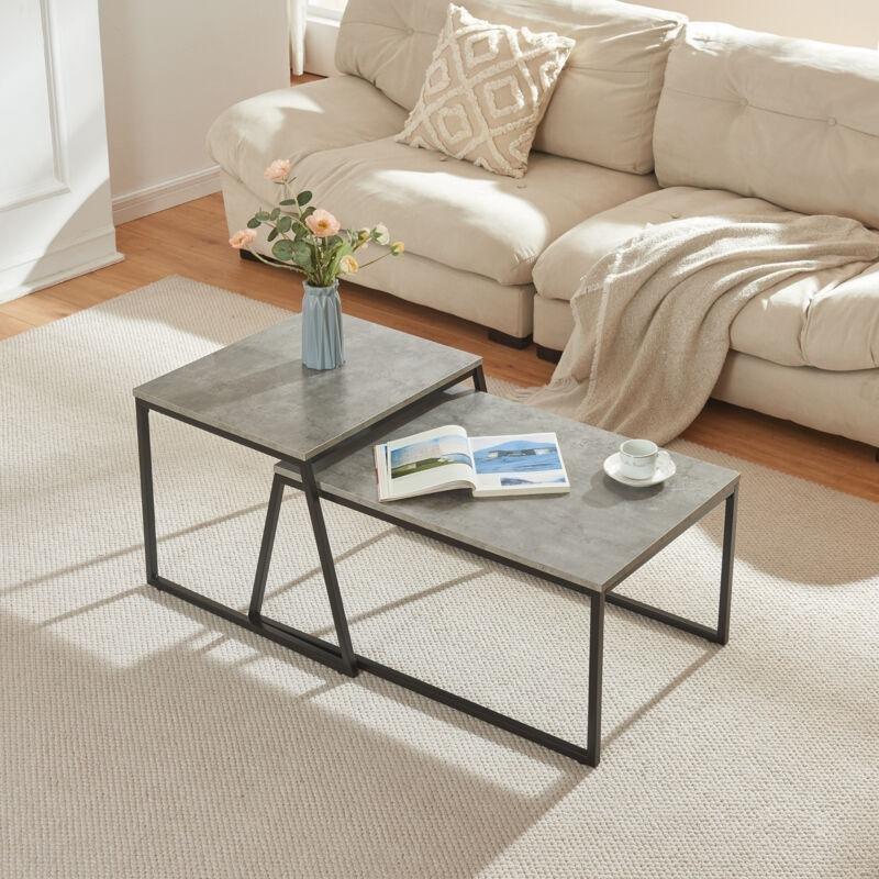 İkili Beton Görünümlü Siyah Metal Ayaklı Zigon Sehpa Seti 83x50 cm - 107128
