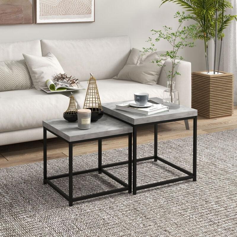 İkili Beton Görünümlü Zigon Sehpa Siyah Metal Ayaklı 45x45x45 cm - 107148