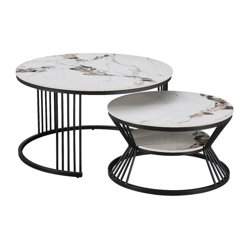 İkili Beyaz Mermer Desenli Seramik Zigon Sehpa 70x70x45 cm - 106714