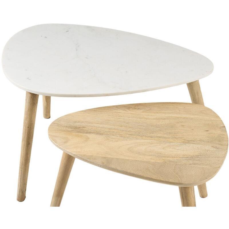 İkili Beyaz Mermer ve Masif Mango Ağacı Zigon Sehpa 75x50x45 cm - 107461