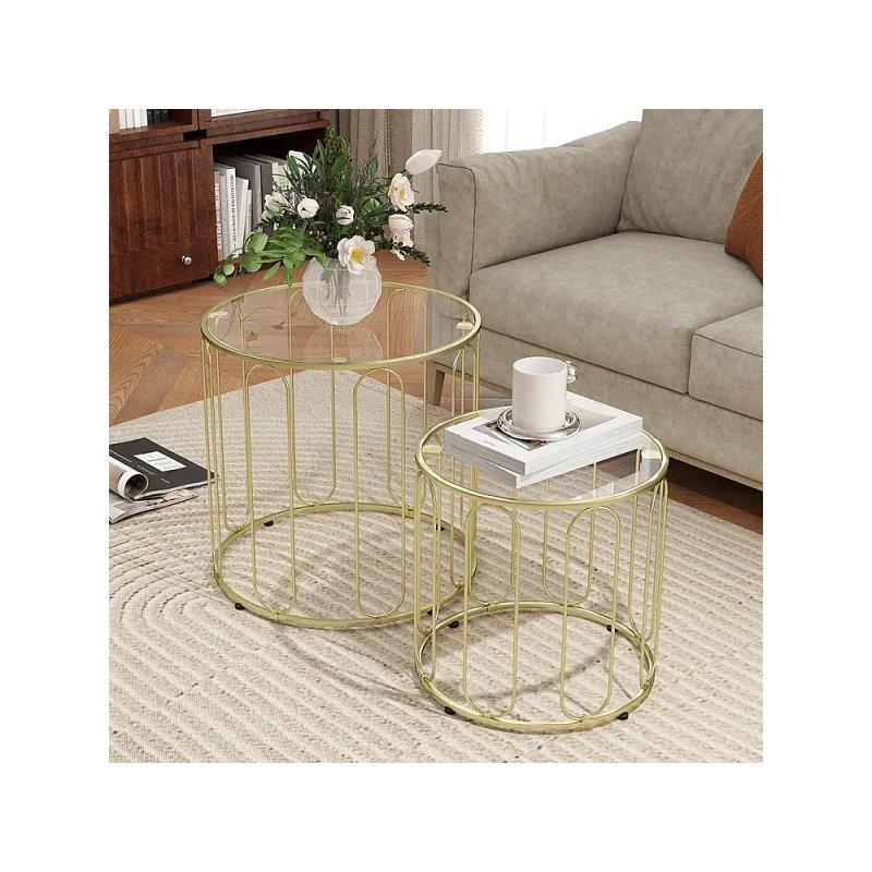 İkili Gold Metal Zigon Sehpa Yuvarlak Cam Tablalı 50 cm - 106567