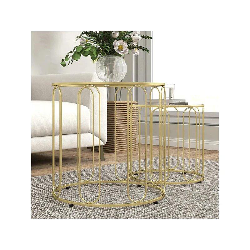 İkili Gold Metal Zigon Sehpa Yuvarlak Cam Tablalı 50 cm - 106567