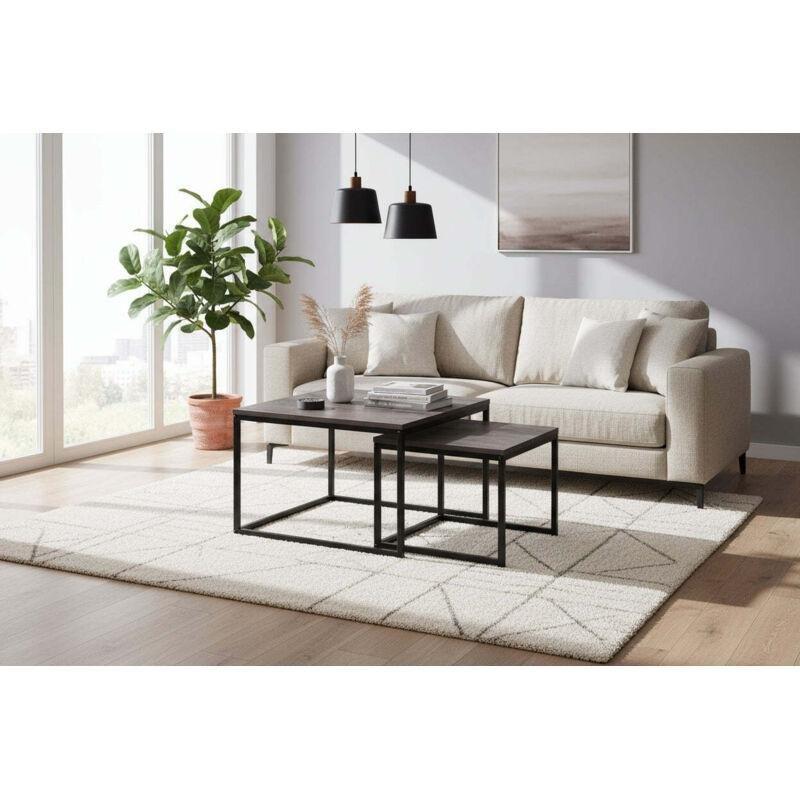 İkili Kare Zigon Sehpa Metal Siyah Ayak Gri Ahşap 70x70x46 cm 50x50x40 cm - 107220