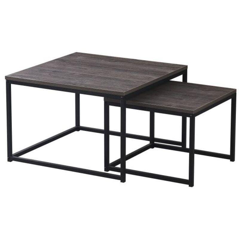 İkili Kare Zigon Sehpa Metal Siyah Ayak Gri Ahşap 70x70x46 cm 50x50x40 cm - 107220