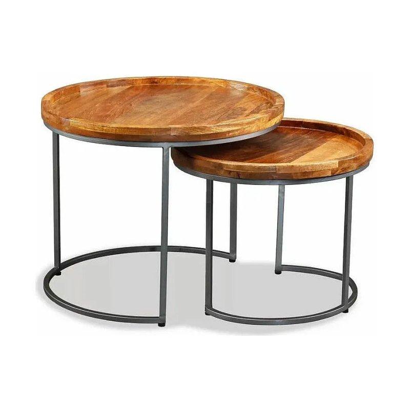 İkili Set Koyu Mango Ahşap Yuvarlak Zigon Sehpa Metal Ayaklı 55x45 cm - 106390