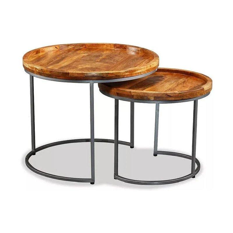 İkili Set Koyu Mango Ahşap Yuvarlak Zigon Sehpa Metal Ayaklı 55x45 cm - 106390