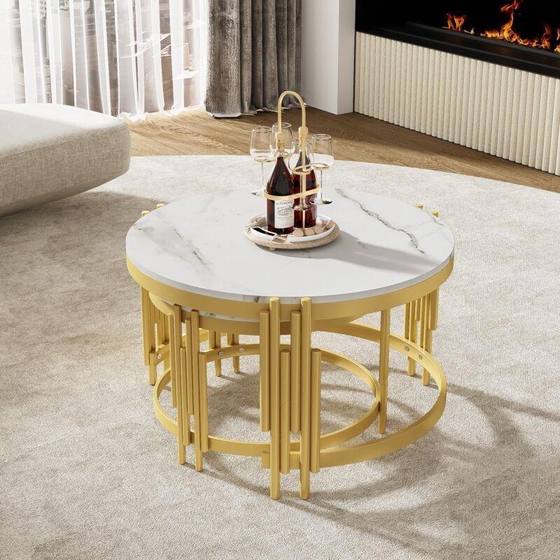 İkili Yuvarlak Beyaz Mermer Desenli Gold Zigon Sehpa 72x72x44 cm - 107852