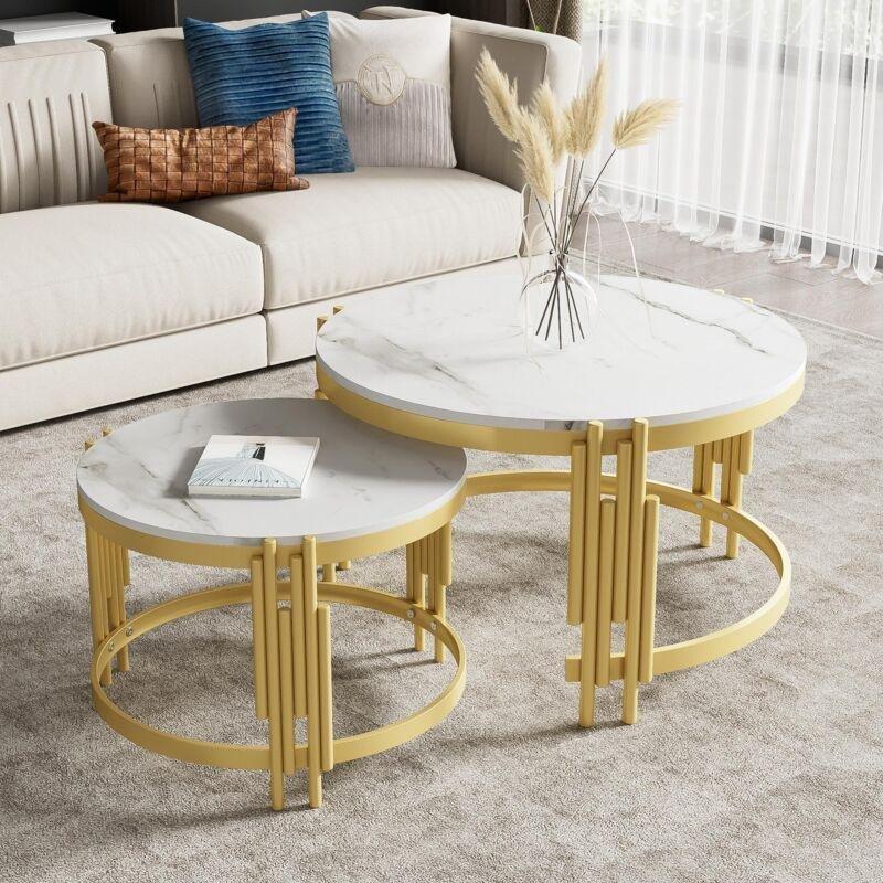 İkili Yuvarlak Beyaz Mermer Desenli Gold Zigon Sehpa 72x72x44 cm - 107852